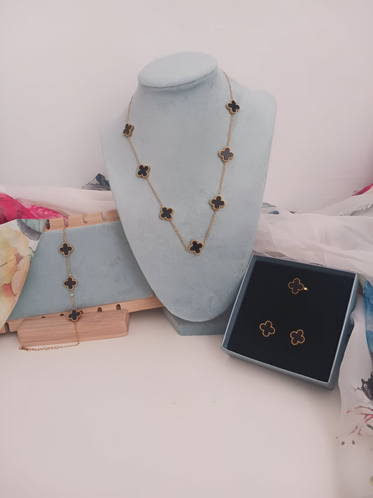 Set de Joyería en Acero Inoxidable | Collar, Pulsera, Anillo y Aretes con Trébol Negro